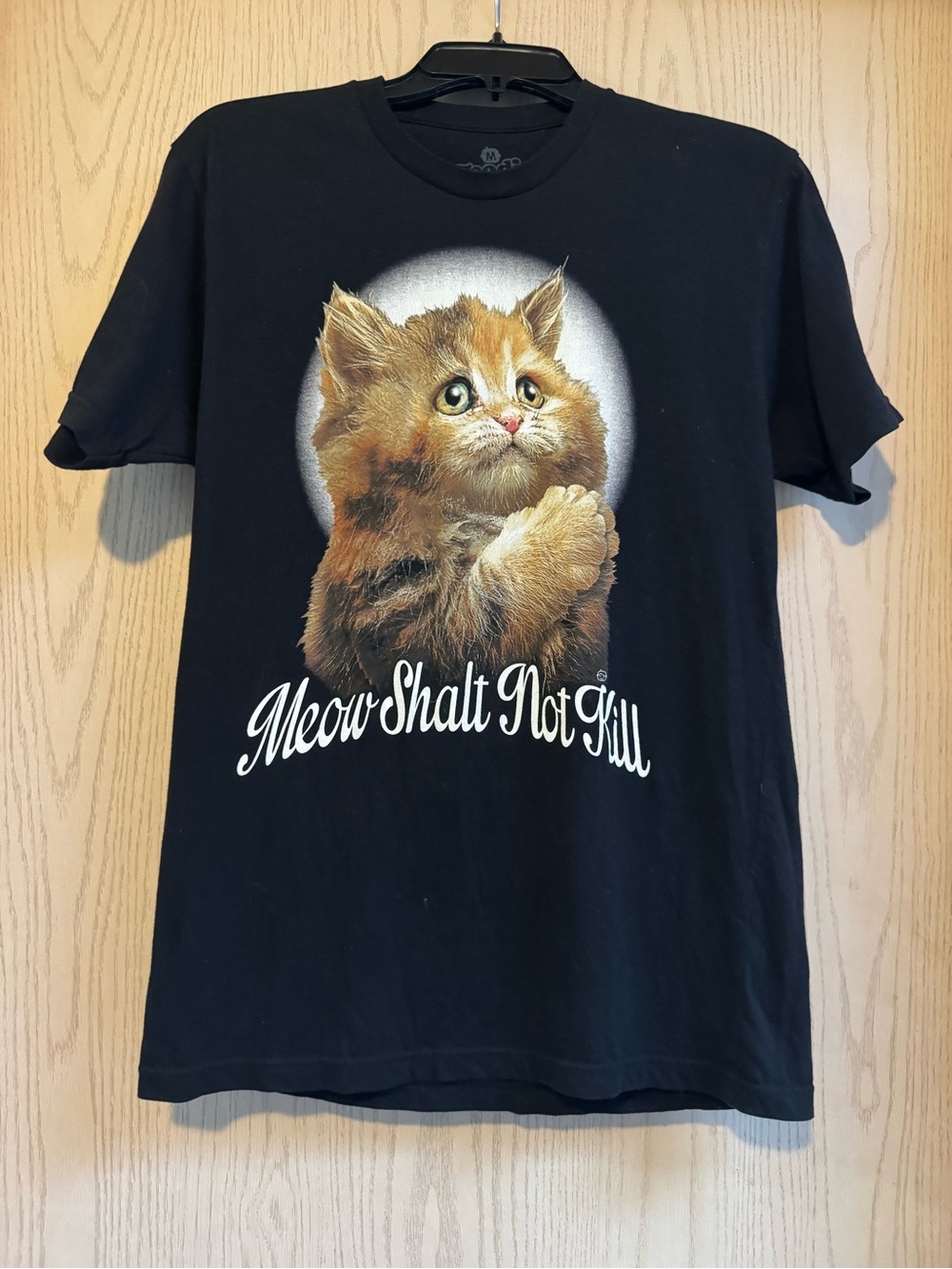 Meow Shalt Not Kill Funny Cat Tee Shirt size M 100% Cotton Goodie Two Sleeves